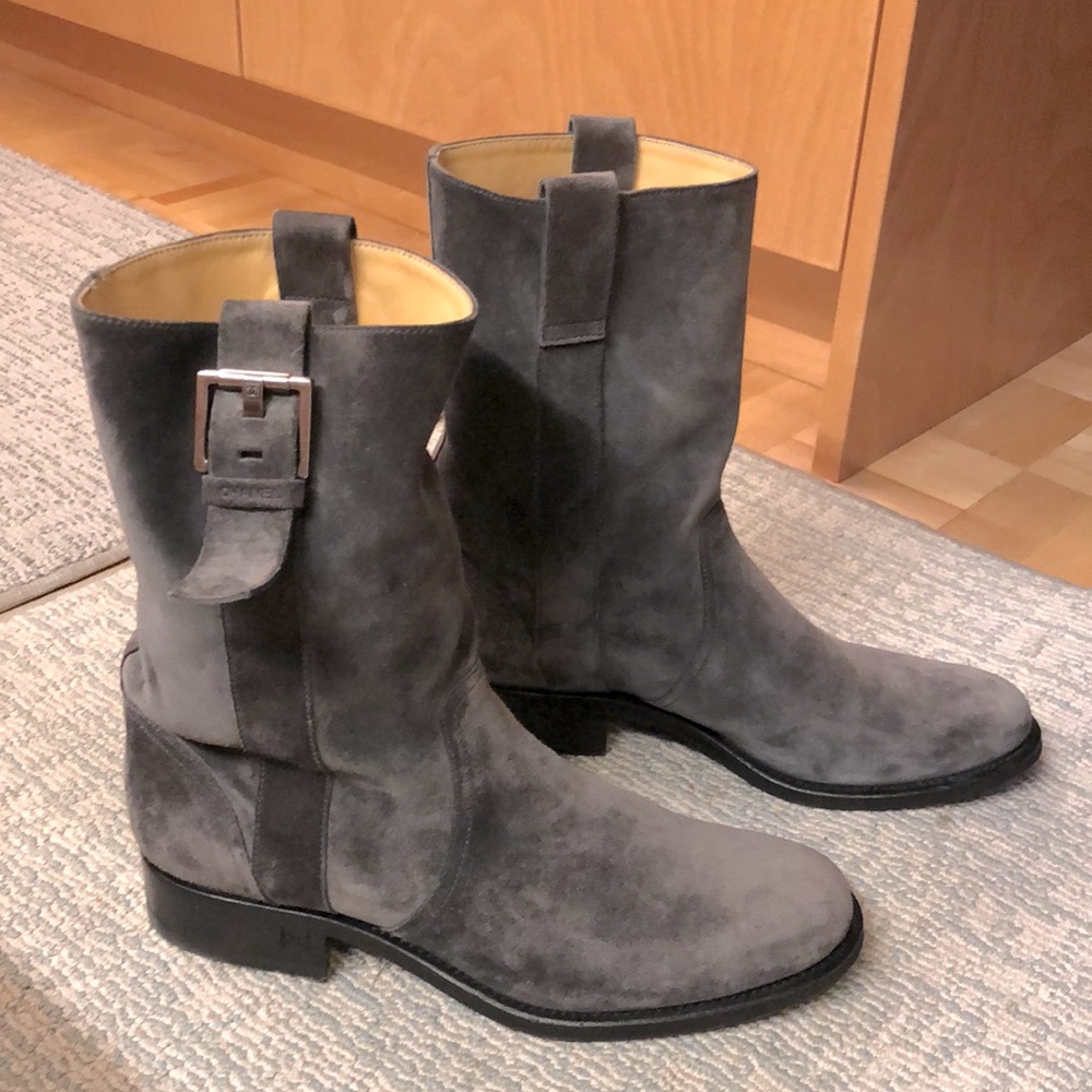 Chanel gray suede bicker boots